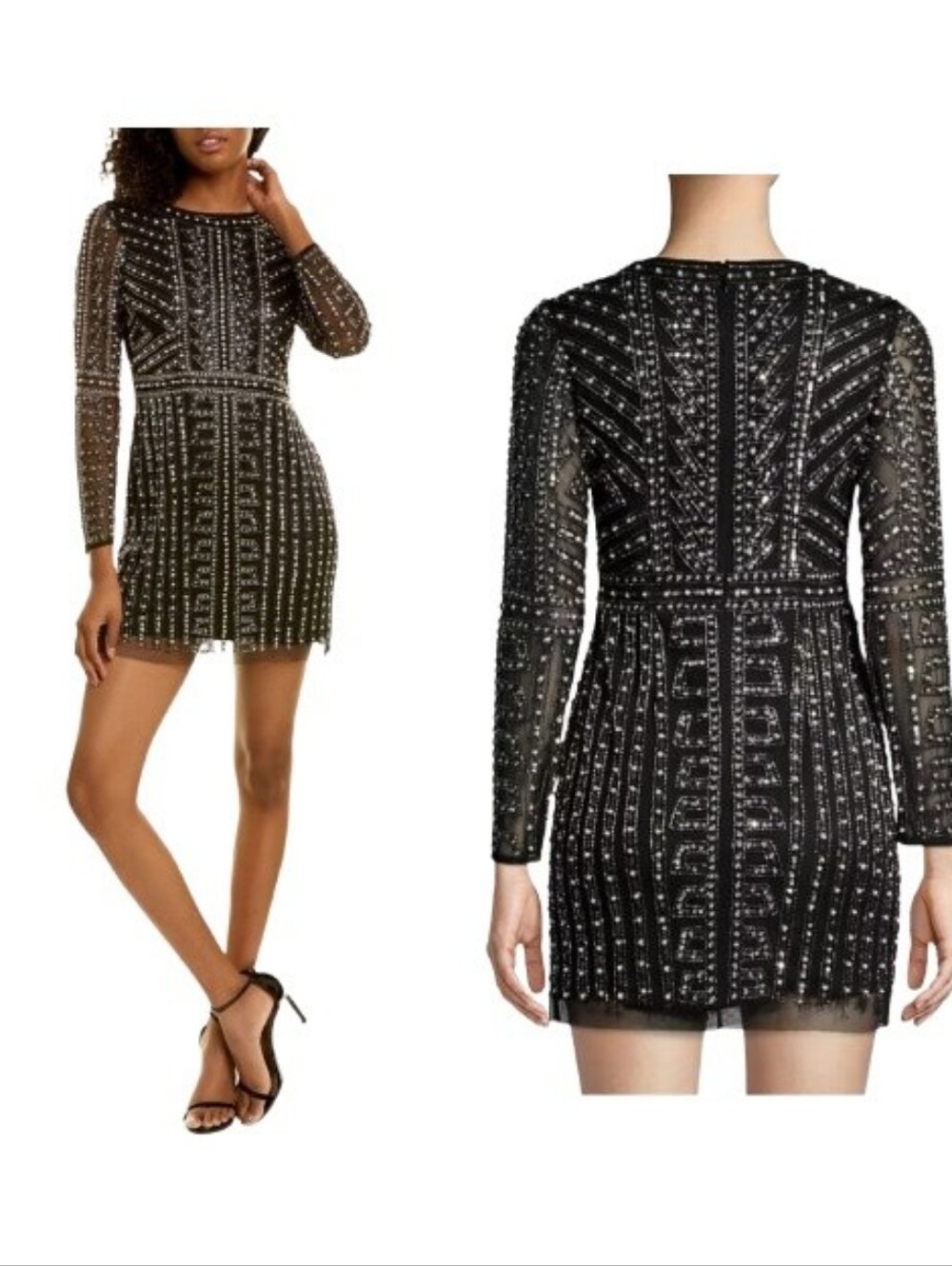 AIDAN by Aidan Mattox Mini Black Cocktail Dress Beaded Faux Pearl Long Sleeve
